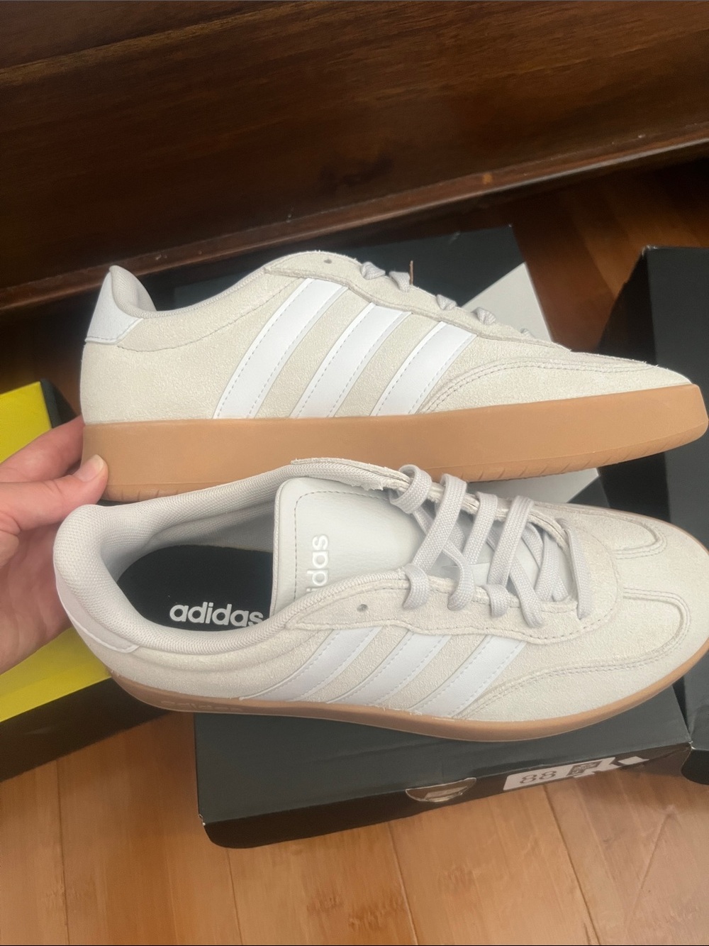 adidas Men’s Cream Suede Sneakers with White Stripes and Gum Sole